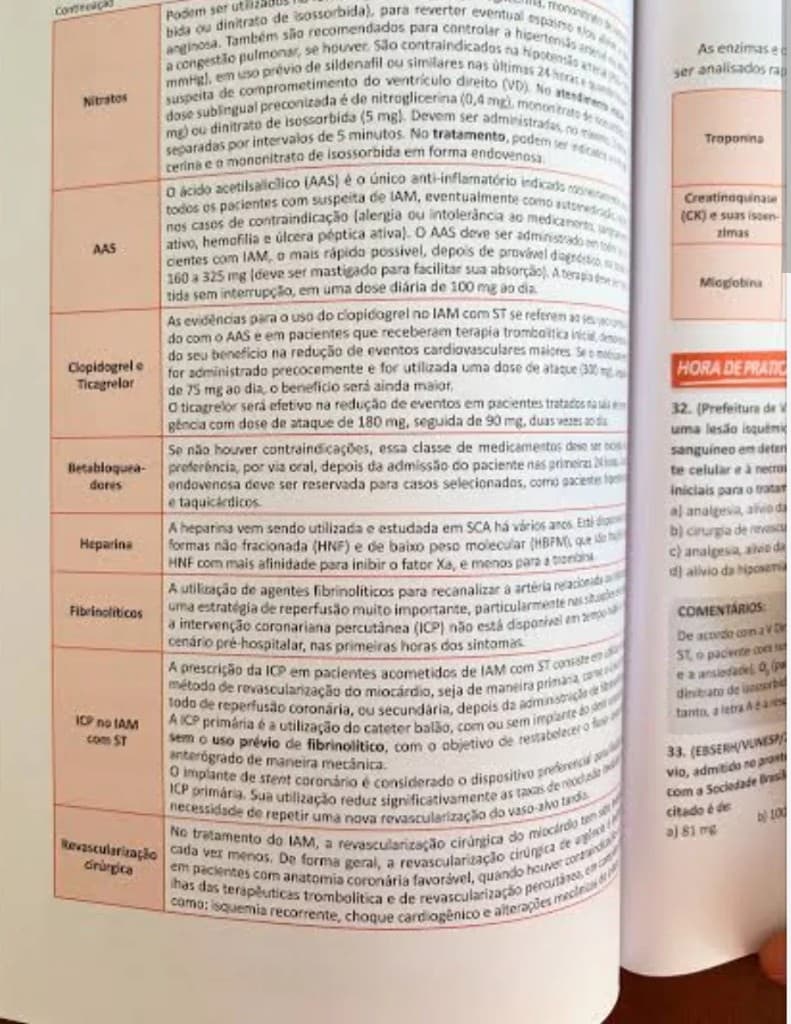 Página de apostila densa com tabelas de medicamentos